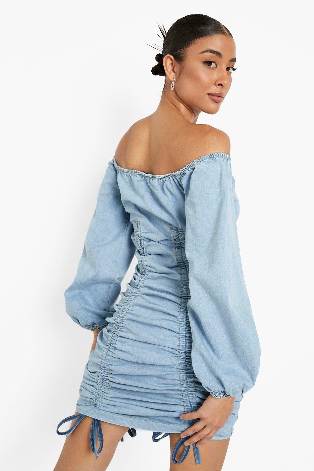 Boohoo denim off the shoulder dress sale